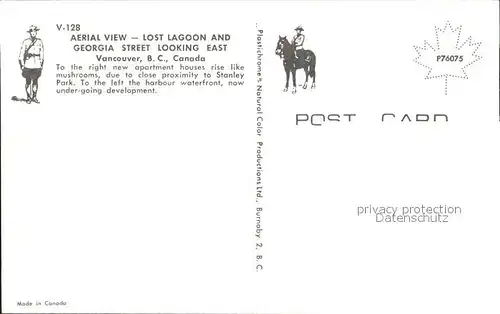Vancouver British Columbia Fliegeraufnahme Lost Lagoon Georgia Street Looking East  Kat. Vancouver