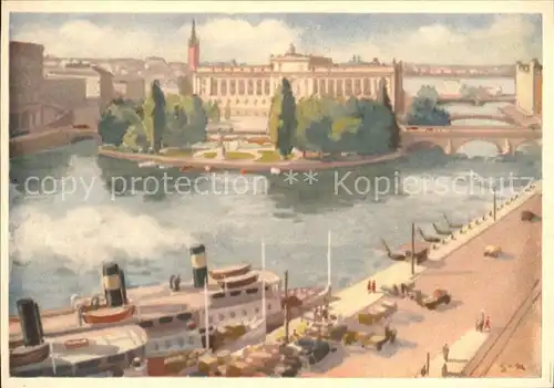 Stockholm Reichstagsgebaeude Riksdagshuset Dampfer Kuenstlerkarte Stig Soedersten Kat. Stockholm