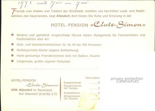 Allendorf Sauerland Hotel Pension Clute Simon Kat. Sundern (Sauerland)