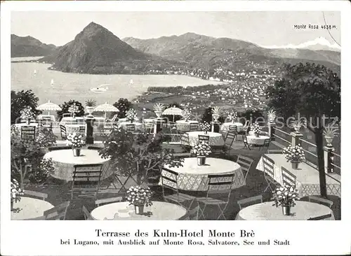 Monte Bre Lugano Kulmhotel Terrasse mit Lago und Monter Rosa Kat. Monte Bre