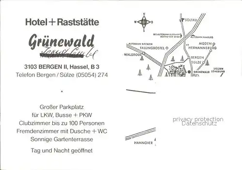 Hassel Celle Hotel und Raststaette Gruenewald Gastraum Terrasse Kat. Bergen