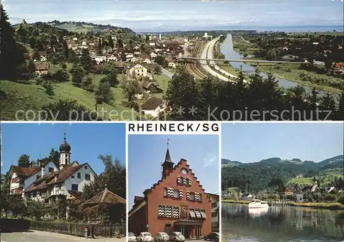 Rheineck SG Panorama mit Altrhein und Bodensee Kirche Rathaus Kat. Rheineck