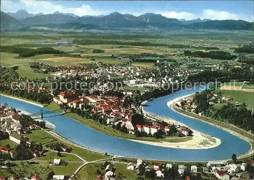 Laufen Salzach Fliegeraufnahme mit Alpenpanorama Kat. Laufen