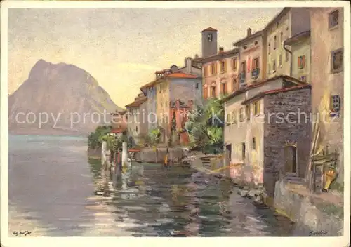 Gandria Lago di Lugano Abend am Luganersee Kuenstlerkarte Kat. Gandria