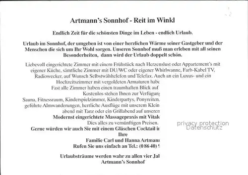 Reit Winkl Artmann Sonnhof Hotel Pension  Kat. Reit im Winkl