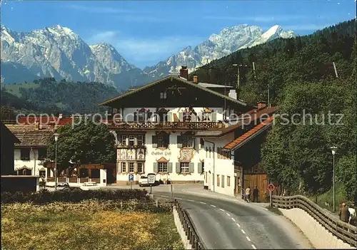 Wallgau Hotel Gasthof Post gegen Wettersteinwand Fassadenmalerei Kat. Wallgau