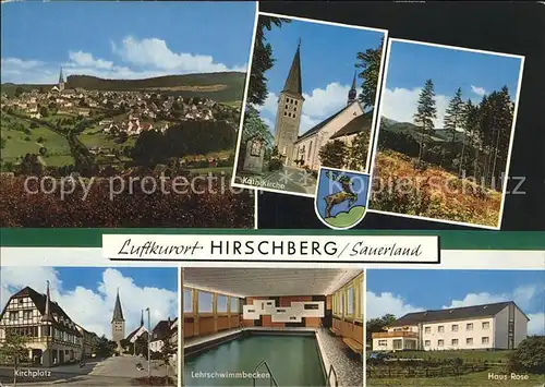 Hirschberg Westfalen Kirche Platz Hallenbad Panorama Luftkurort Sauerland Kat. Warstein