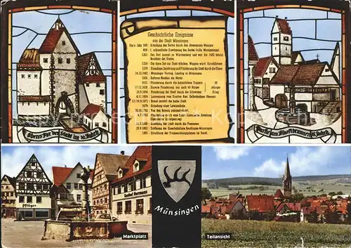 Muensingen Marktplatz Ortsansicht mit Kirche Wappen Geschichte Fenster Bleiverglasung Kat. Muensingen