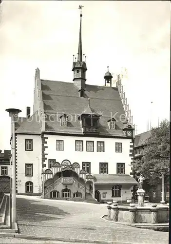 Poessneck Rathaus mit Freitreppe und Brunnen Kat. Poessneck