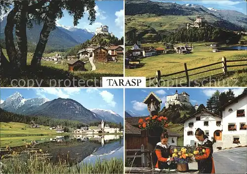 Tarasp Schloss mit Sparsels Fontana Taraspersee Val Plavna Dorfbrunnen Trachtenmaedchen Kat. Tarasp