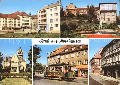 Nordhausen Thueringen Rautenstrasse Gaststaette Stadt Terrasse Meyenburgmuseum Hist Strassenbahn Barfuesserstrasse Kat. Nordhausen Harz