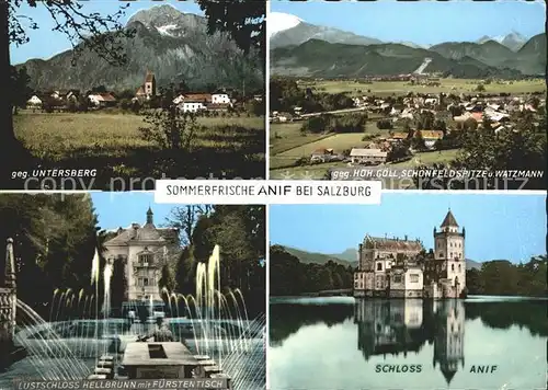 Anif Untersberg Hohen Goell Schoenfeldspitze Watzmann Lustschloss Hellbrunn mit Fuerstentisch Schloss Anif Kat. Anif