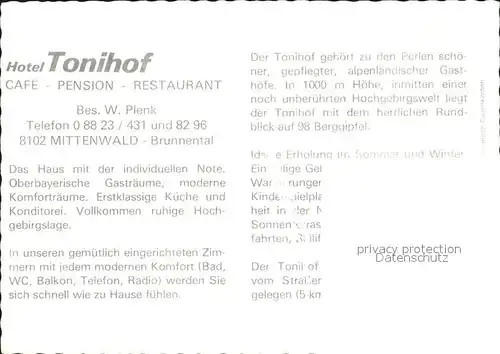 Mittenwald Bayern Tonihof Hotel  Kat. Mittenwald