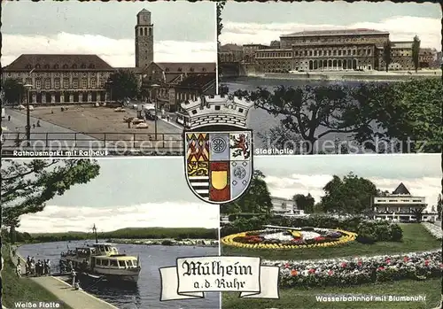 Muelheim Ruhr Rathausmarkt Rathaus Stadthalle Wasserbahnhof Blumenuhr Weisse Flotte Wappen Kat. Muelheim an der Ruhr