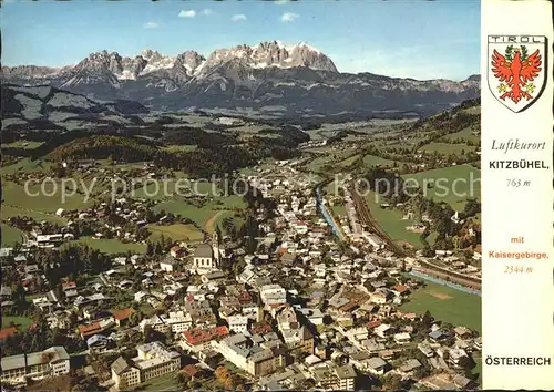 Kitzbuehel Tirol mit Kaisergebirge Sommerfrische Wintersportplatz Wappen Fliegeraufnahme Kat. Kitzbuehel