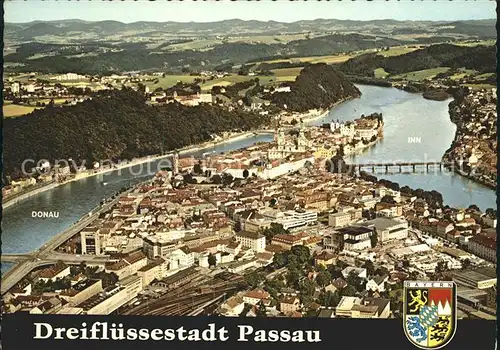 Passau Dreifluessestadt Inn Ilz Donau Wappen Fliegeraufnahme Kat. Passau