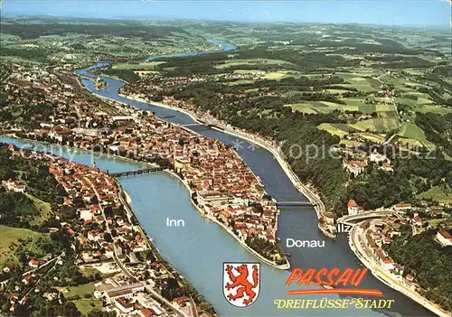 Passau Dreifluessestadt Inn Ilz Donau Wappen Fliegeraufnahme Kat. Passau