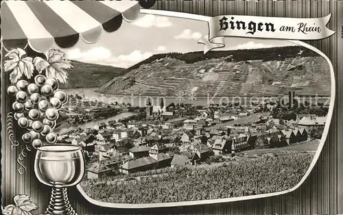 Bingen Rhein Bingerbrueck mit Nahe Muendung Weinglas Weintrauben Kat. Bingen am Rhein