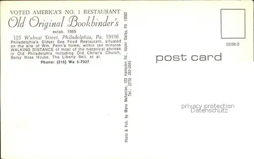 Philadelphia Pennsylvania Old Original Bookbinders Restaurant Kat. Philadelphia