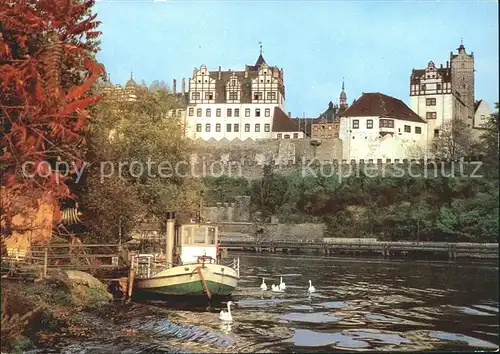 Bernburg Saale Schloss Uferpartie am Fluss Boot Schwaene Kat. Bernburg