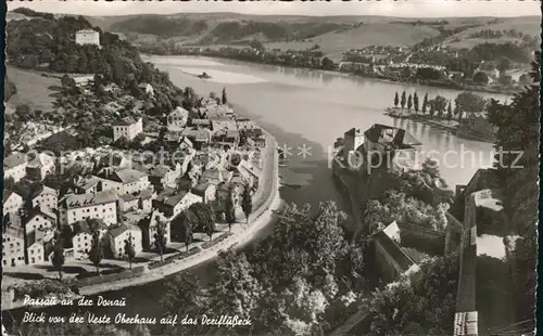 Passau Blick von der Veste Oberhaus auf das Dreifluesse Eck Kat. Passau