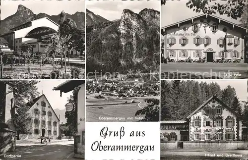 Oberammergau Passionstheater Total mit Kofel Alte Post Dorfpartie Haensl und Gretlhaus Kat. Oberammergau