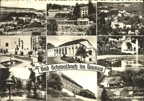 Bad Schwalbach Panorama Kuranlage Weinbrunnen Konzertpavillon Kurgarten Bundesbahnzentrale Golfcafe Minigolfanlage Kat. Bad Schwalbach