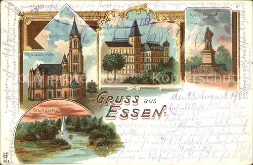 Essen Ruhr Kreuzeskirche Krupp-Denkmal Alfredusbad Litho Bahnpost-Stempel / Essen /Essen Stadtkreis