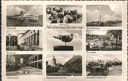 Norderney Nordseebad Frisia IV Strand Bootsbruecke Kurplatz Damferankunft Napoleonschanze Kat. Norderney