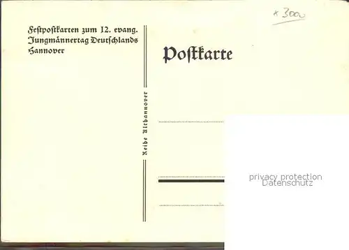 Hannover Rossmuehlengasse Festpostkarte zum 12. evang. Jungmaennertag Deutschlands Zeichnung Kat. Hannover