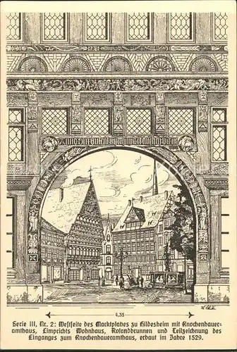 Hildesheim Westseite des Marktplatzes mit Knochenbaueramtshaus Zeichnung Kat. Hildesheim