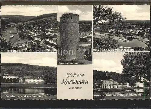 Karlshafen Bad Hugenottenturm Hafen und Rathaus Sanatorium und Kindersolbad Kat. Bad Karlshafen