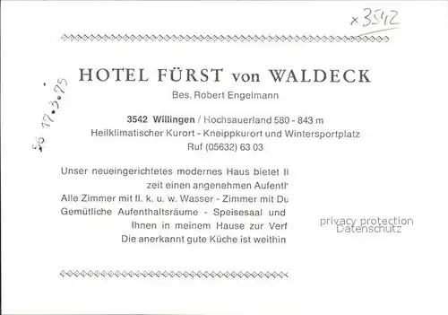 Willingen Sauerland Hotel Fuerst von Waldeck Kat. Willingen (Upland)