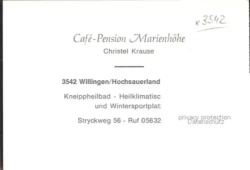 Willingen Sauerland Cafe Pension Marienhoehe Kat. Willingen (Upland)