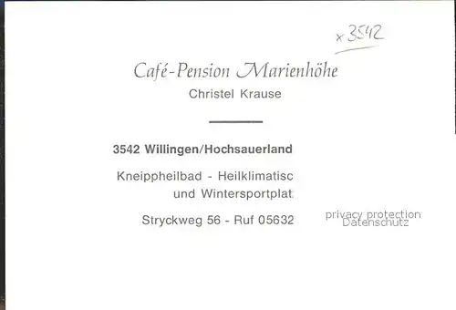 Willingen Sauerland Cafe Pension Marienhoehe Kat. Willingen (Upland)