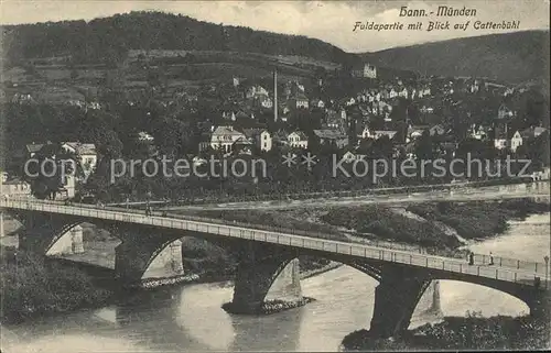 Hannoversch Muenden Fuldapartie mit Blick auf Cattenbuehl und Bruecke Kat. Hann. Muenden