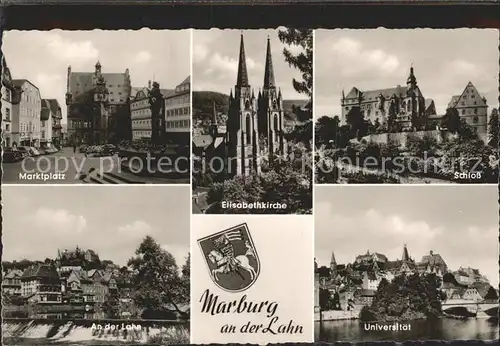 Marburg Lahn Marktplatz Rathaus Brunnen Elisabethkirche Schloss Universitaet Lahnbruecke Wehr Wappen Kat. Marburg