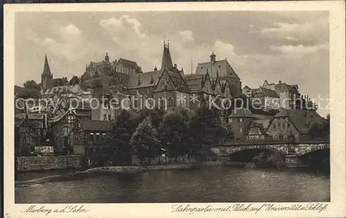 Marburg Lahn Lahnpartie mit Blick auf Universitaet und Schloss Bruecke Kat. Marburg