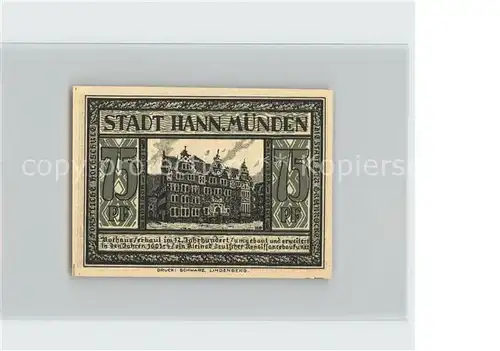 Hann. Muenden 75 Pfennig Gutschein Rathaus St Katharinenlaeuten Volksbrauch Kat. Hann. Muenden