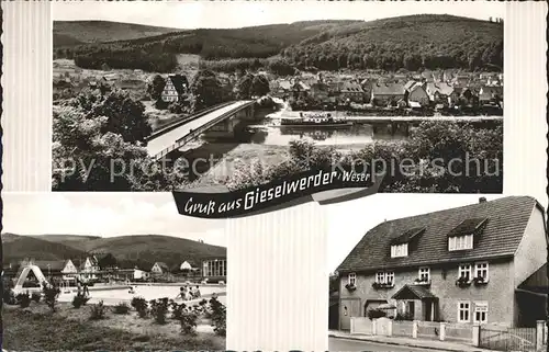 Gieselwerder Ortsblick Bruecke Schwimmbad Pensionshaus Karl Rivoir Kat. Oberweser