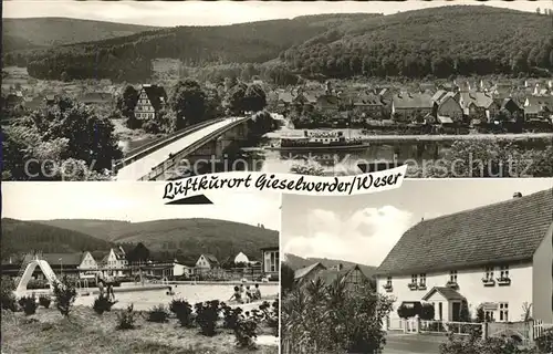 Gieselwerder Weserbruecke Ortsblick Schwimmbad Pensionshaus Karl Rivoir Kat. Oberweser