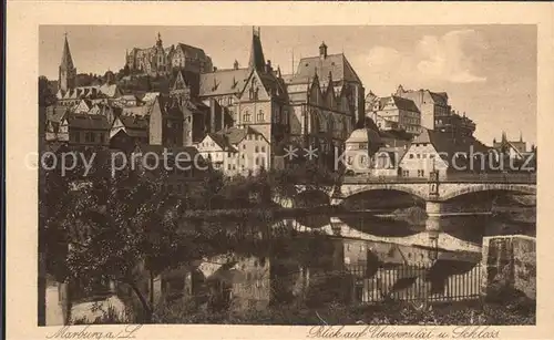 Marburg Lahn Blick auf Universitaet und Schloss Lahnbruecke Kupfertiefdruck Kat. Marburg