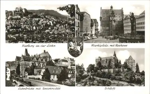 Marburg Lahn Gesamtansicht Marktplatz Rathaus Brunnen Schloss Lahnbruecke Universitaet Wappen Kat. Marburg