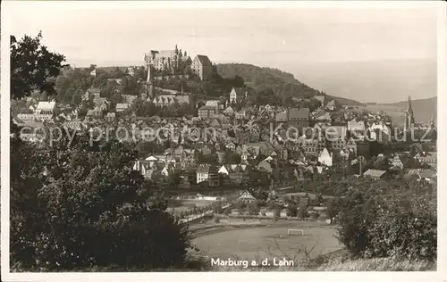 Marburg Lahn Stadtbild mit Sportplatz und Schloss Kat. Marburg