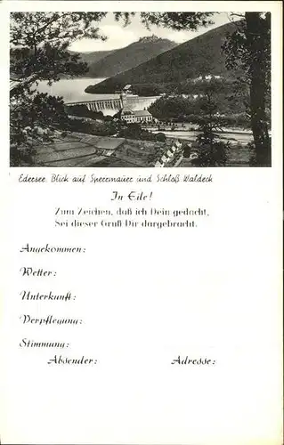 Edersee Blick auf Sperrmauer und Schloss Waldeck Kat. Edertal