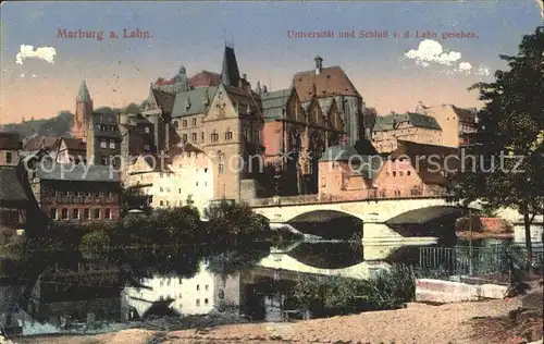 Marburg Lahn Universitaet und Schloss von der Lahn gesehen Bruecke Kat. Marburg