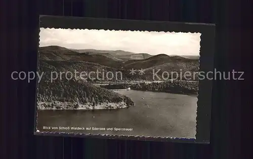 Waldeck Edersee Blick vom Schloss auf Edersee und Sperrmauer Edertalsperre Fliegeraufnahme Kat. Edertal