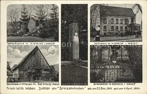 Nieheim Gedenksteine Wohnhaus Geburtshaus Friedr Wilh Weber Denkmal in Driburg Grabstaette in Nieheim Kat. Nieheim