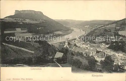 Lilienstein Blick auf Koenigstein mit Kirche und Fluss Kat. Bad Schandau