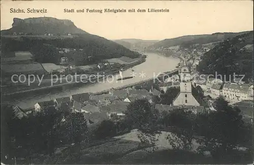 Koenigstein Saechsische Schweiz Stadt und Festung mit dem Lilienstein Kat. Koenigstein Saechsische Schweiz
